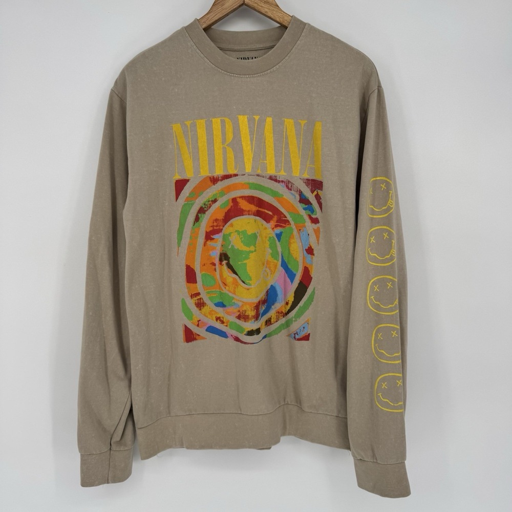 Nirvana Band Smiley Face Tie Dye Sweatshirt Large Crewneck Pullover Beige